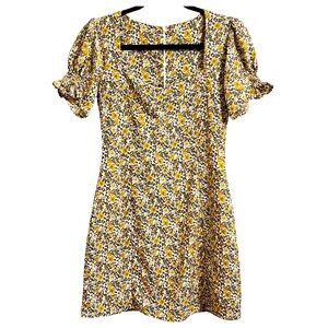 Handmade Delicate Yellow Floral Puff Sleeve Coastal Cottage Feminine Mini Dress